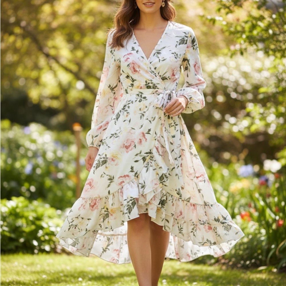 Elegant Asymmetrical Floral Wrap Dress